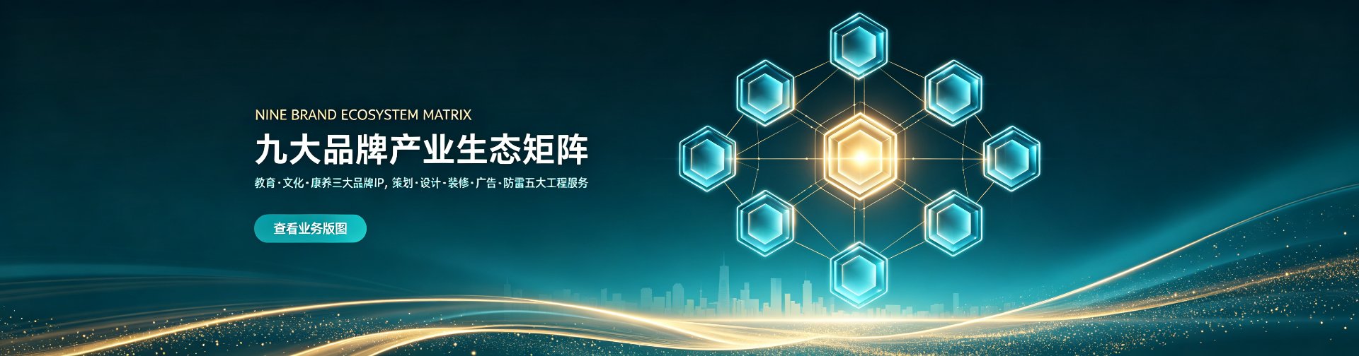 九大品牌产业生态矩阵 —— 教育·文化·康养三大品牌IP，策划·设计·装修·广告·防雷五大工程服务